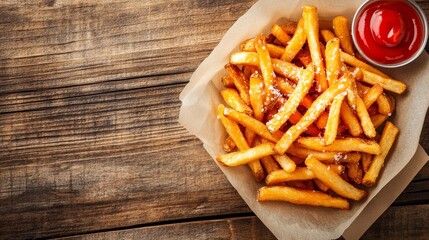 Wall Mural - A basket filled with crispy French fries sprinkled with sea salt rests on a rustic wooden surface, accompanied by a small bowl of ketchup