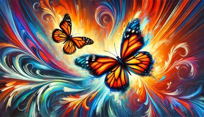 Wall Mural - An abstract dynamic and vivid painting of two monarch butterflies