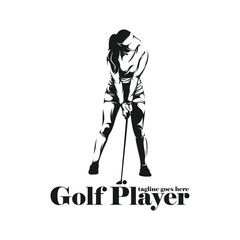 Wall Mural - Woman playing golf silhouette vector illustration. Professional golf with black colour and white background