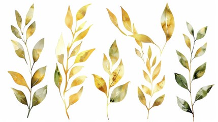 Gold Plant. Watercolor Illustrations of Green and Gold Plants for Nature-themed Wedding Invitations