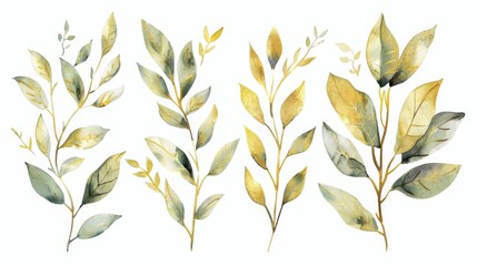 gold plant. watercolor illustrations of green leaves and gold elements for nature-themed wedding inv