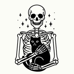  Skeleton holding a black cat Silhouette Cute Doodle Cartoon Line Art Vector Clipart illustration  