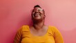 © Johannes - studio portrait of confident overweight happy black woman embodying body positivity and a positive attitude