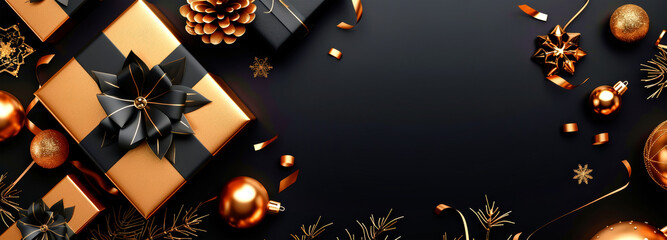 Wall Mural - A Christmas sale banner with gold and black gift boxes, ribbons, and ornaments on a black background, perfect for holiday season promotions