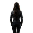 © nsit0108 - Woman with long dark hair is standing with her back to us, wearing a black leather jacket and jeans