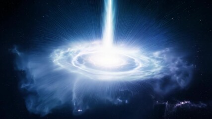 Wall Mural - Quasar emitting bright beam in deep space. Cosmic phenomena. Galaxy and universe exploration concept. Travel through outer space. Science fiction