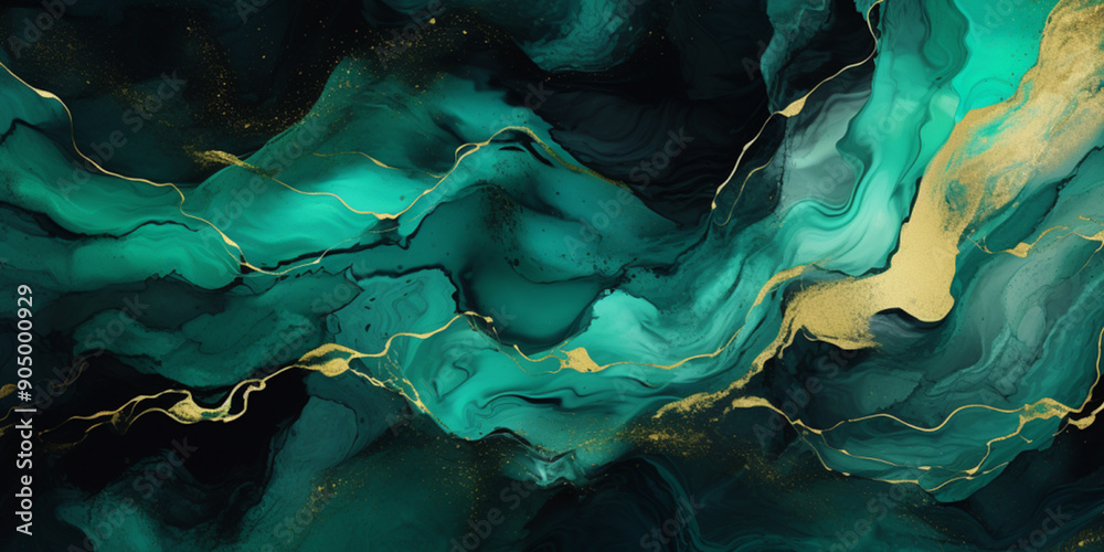 Emerald green marble abstract background with ink wave strokes and ...