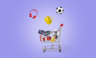 Poster - Shopping cart with products falling into it. Concept of online shopping and consumerism in a digital retail environment