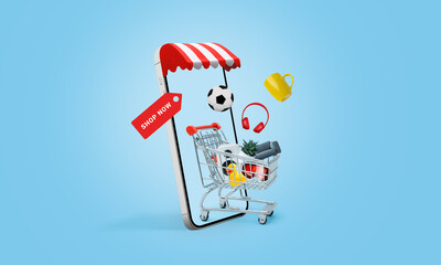 Poster - Opened online shop on mobile phone. Cart with products comes out of the display with shop now ribbon. Online shopping concept