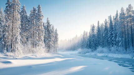 Wall Mural - A serene winter morning showcases a snowy riverbank bordered by tall pine trees draped in snow, illuminated by soft sunlight breaking through the frosty air