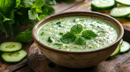 Wall Mural - Cucumber Yogurt Salad with Fresh Mint and Spices Close-Up. Persian-Style Chilled Cucumber Soup