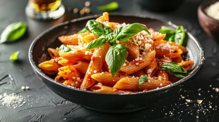 Wall Mural - Classic italian pasta penne alla arrabiata with basil and freshly parmesan cheese on dark table. Penne pasta with sauce.