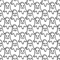 Wall Mural - Seamless pattern of ghosts doodle black on a white background. For textiles, packaging, holiday decoration. Good for prints, wrapping paper, scrapbooking, stationery, packaging, wallpaper,