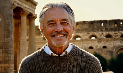 Wall Mural - Medium shot portrait video of a pleased man in his 70s that is wearing a chic cardigan against a roman or ancient architecture background