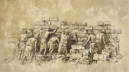 Wall Mural - Exodus:Bricks Without Straw,Biblical Illustration of Israelites Working Together to Make Bricks Without Straw, Showing Resilience and Unity, Bible Wall Art with Beige Background