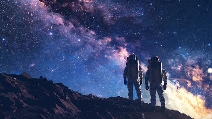 astronauts standing on alien planet under starry sky. interstellar exploration. human space travel a