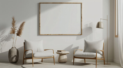 Aufkleber - Two modern armchairs flanking a small table and a stylish floor lamp are bathing in sunlight in a modern minimalist living room