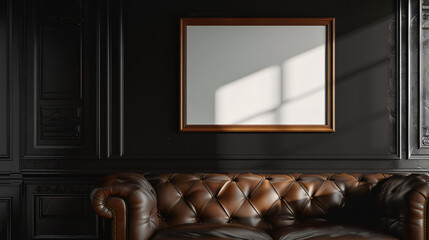 Aufkleber - Contemporary interior featuring a blank frame hung on a black wall over a leather sofa, ideal for displaying art or photography