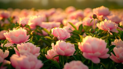 Wall Mural - A field of pink peonies in the sunlight