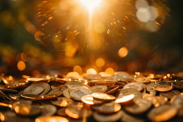 Wall Mural - A pile of gold coins shines under the sunlight, Golden coins shimmering in the sunlight