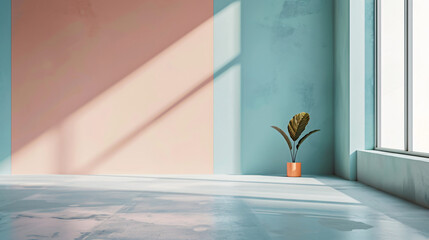 Aufkleber - Modern, minimalist room is bathed in sunlight, creating intriguing shadows on the pastel walls