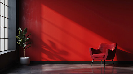 Aufkleber - Modern interior with a red armchair illuminated by sunlight, creating strong shadows on the red wall