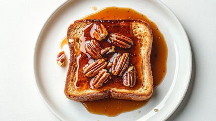 Poster - A gourmet plate of honey toast with caramel sauce and pecans, shot from a top-down perspective on a white background.