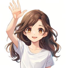 Wall Mural - This delightful anime girl has large eyes, brown hair, and a joyful smile, dressed in a white shirt on a light backdrop.