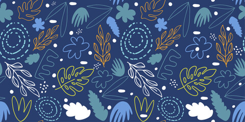 Aufkleber - Drawn pattern of leaves and branches, abstract style. Blue background and decorative leaves and flora.