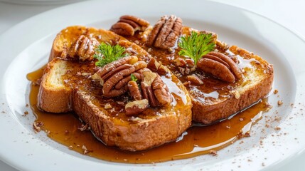 Poster - A gourmet plate of honey toast with caramel sauce and pecans, shot from a top-down perspective on a white background.