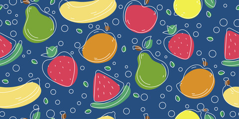 Fototapete - Dark background and bright and flat fruits. Seamless kitchen or picnic pattern, for notebooks and sketchbooks, for textiles.