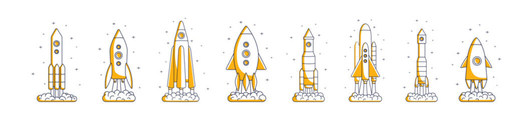 Poster - Launch of rockets set. Take off or landing of spacecraft. Start up of shuttles, spaceships in space. Concept of business startup, cosmos travels. Flat isolated outline vector illustrations on white