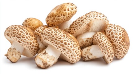 Poster - A group of Matsutake mushrooms with their distinct shapes and patterns, isolated on a white background.