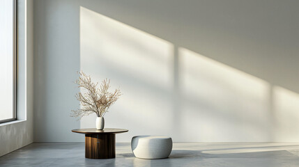 Aufkleber - Minimalist living room with sunlight creating shadows on coffee table and pouf