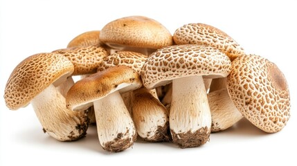 Poster - A group of Matsutake mushrooms with their distinct shapes and patterns, isolated on a white background.