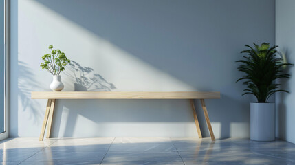 Aufkleber - Minimalist room with a green plant and a wooden bench bathed in sunlight