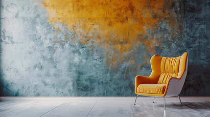 Aufkleber - Interior design showcasing a modern yellow armchair in a minimalist room with a stylish yellow and blue concrete wall