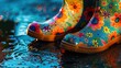 © Komsan - 45. Rain Boots, movie style, colors full, floral pattern, close-up, high contrast, glowing light, shadows,