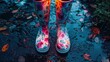 © Komsan - 45. Rain Boots, movie style, colors full, floral pattern, close-up, high contrast, glowing light, shadows,