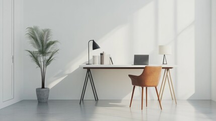 Poster - A minimalist home office with a large desk, a comfortable chair, and no unnecessary items.