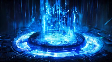 Poster - Digital artwork featuring a futuristic, blue circular platform emitting particles