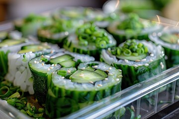 a close up of a tray of food with cucumbers