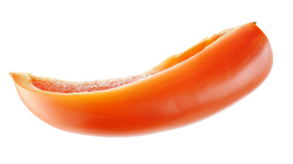 A red pepper is sliced in half and is shown on a white background