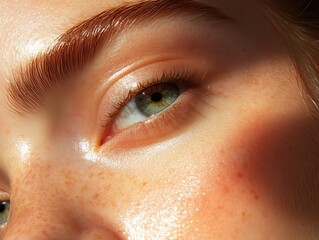 close-up of a woman's eye with natural makeup and freckles in bright sunlight