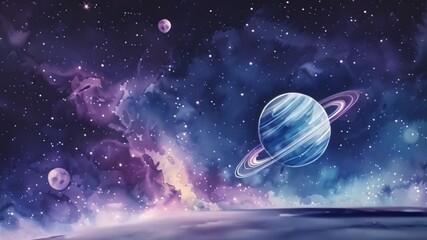Wall Mural - a watercolor painting depicts a ringed planet in a vast, starry sky.