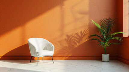 Aufkleber - Modern interior with an armchair casting shadow on a terracotta wall and a palm tree near the window