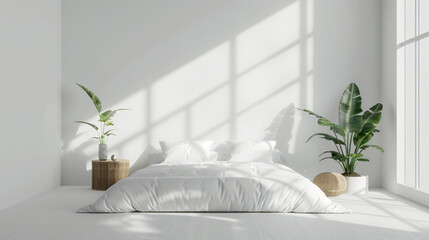 Aufkleber - Soothing and serene minimalist white bedroom with natural sunlight casting geometric shadows for a peaceful ambiance