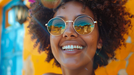 Wall Mural - Curly-haired woman with glasses walks outdoors on a sunny day. Smiling African American woman enjoying the weather outdoors. Walking concept.