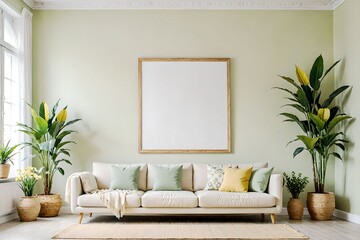 Wall Mural - Lime green wall, planter, and picture frame, room design. View of modern scandinavian style interior with artwork mock up on wall.