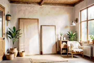 Wall Mural - Chair, plant pot, and brown picture frame, room design. View of modern scandinavian style interior with artwork mock up on wall.